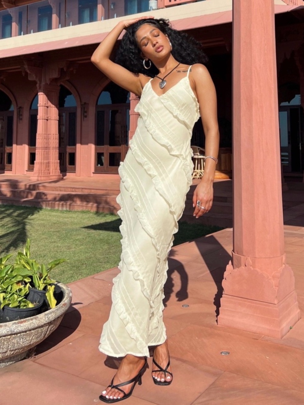 Princess Polly Cream Ruffle Maxi Slip Dress